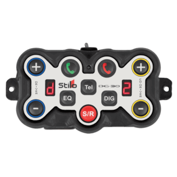 Stilo DG-30 racing intercom with control buttons and digital display for motorsport communication.