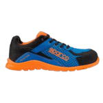 Junior Sparco practice mechanics shoe in blue, black, and orange with non-slip sole for motorsport.
