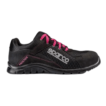 Black Sparco racing shoe with pink laces and branding, designed for motorsport safety and performance.