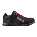 Black Sparco racing shoe with pink laces and branding, designed for motorsport safety and performance.