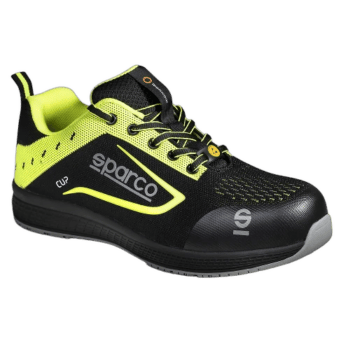 Black and neon yellow Sparco racing shoe designed for motorsport safety and performance.