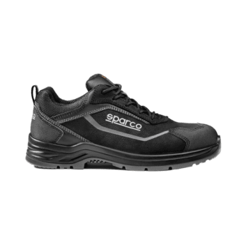 Black Sparco racing shoe designed for motorsport safety and performance, featuring durable materials and a comfortable fit.