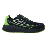 Sparco racing shoe in black with neon green accents, designed for motorsport safety and performance.