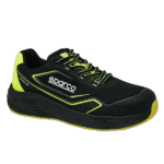Black and neon yellow Sparco racing shoe designed for motorsport safety and performance.