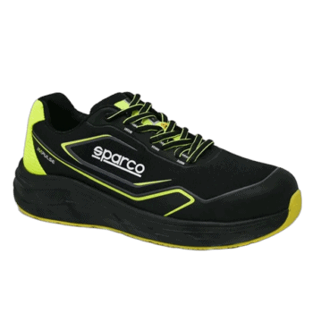 Black and neon yellow Sparco racing shoe designed for motorsport safety and performance.