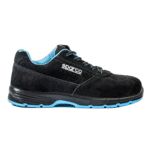 Black Sparco racing shoe with blue accents, designed for motorsport safety and performance.
