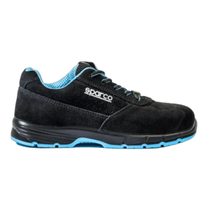 Black Sparco racing shoe with blue accents, designed for motorsport safety and performance.