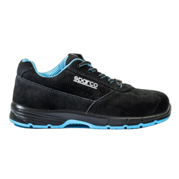 Black Sparco racing shoe with blue accents, designed for motorsport safety and performance.