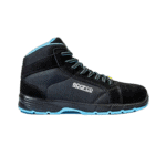 Black and grey Sparco racing boot with blue accents, designed for motorsport safety and performance.
