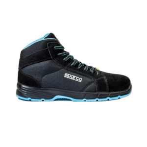Black and grey Sparco racing boot with blue accents, designed for motorsport safety and performance.