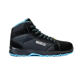 Black and grey Sparco racing boot with blue accents, designed for motorsport safety and performance.