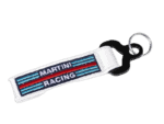 Martini Racing keychain with racing stripes and logo, ideal for motorsport fans and collectors.