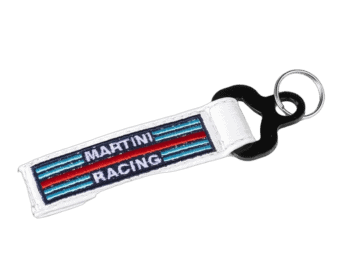 Martini Racing keychain with racing stripes and logo, ideal for motorsport fans and collectors.