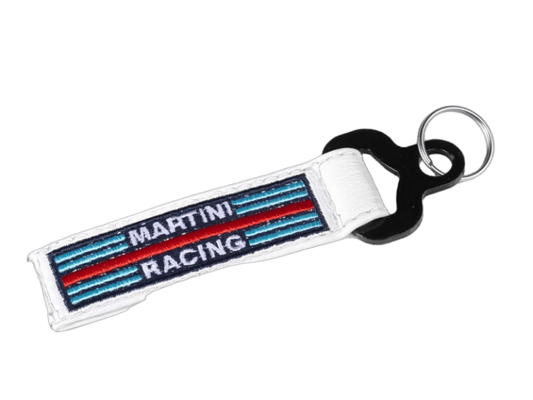 Martini Racing keychain with racing stripes and logo, ideal for motorsport fans and collectors.