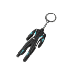 Miniature racing car keychain with black and blue design, detailed with racing stripes, on a black background.