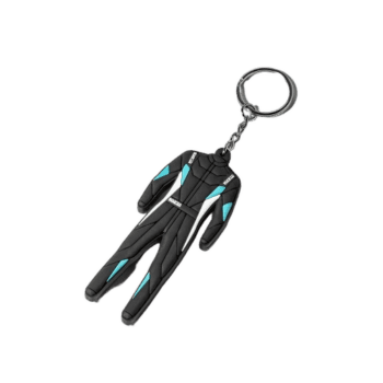 Miniature racing car keychain with black and blue design, detailed with racing stripes, on a black background.