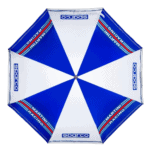 Grand Prix Racewear branded racing umbrella with blue and white panels and Sparco logos for motorsport events.
