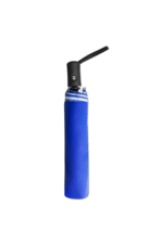 Blue and black racing air horn with a flexible nozzle, used for motorsport events to signal start or caution.