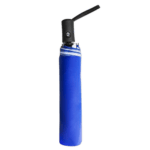 Blue fire extinguisher with black nozzle on black background, used for safety at Grand Prix Racewear events.