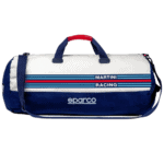 Grand Prix Racewear racing bag with Martini Racing design, featuring blue, white, and red stripes, and Sparco branding, ideal for motorsport enthusiasts.