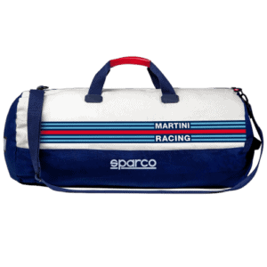 Grand Prix Racewear racing bag with Martini Racing design, featuring blue, white, and red stripes, and Sparco branding, ideal for motorsport enthusiasts.