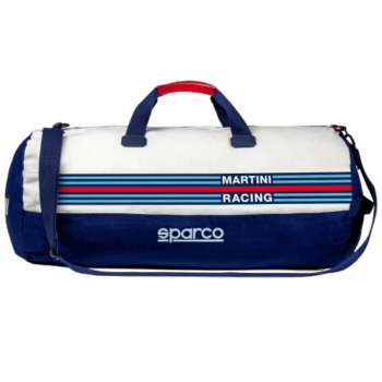 Grand Prix Racewear racing bag with Martini Racing design, featuring blue, white, and red stripes, and Sparco branding, ideal for motorsport enthusiasts.