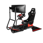 Grand Prix racing simulator setup with Sparco racing seat, steering wheel, pedals, and large monitor for immersive racing experience.