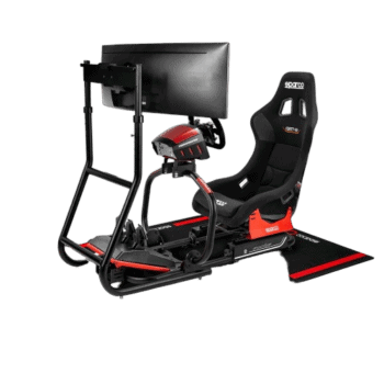 Grand Prix racing simulator setup with Sparco racing seat, steering wheel, pedals, and large monitor for immersive racing experience.
