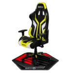 Sparco racing gaming chair with black, yellow, and white design, ergonomic high-back support, and adjustable armrests, ideal for racing simulation enthusiasts.