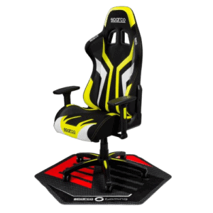 Sparco racing gaming chair with black, yellow, and white design, ergonomic high-back support, and adjustable armrests, ideal for racing simulation enthusiasts.