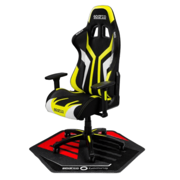 Sparco racing gaming chair with black, yellow, and white design, ergonomic high-back support, and adjustable armrests, ideal for racing simulation enthusiasts.