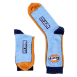 Pair of racing socks with blue, orange, and navy colours featuring Sparco and GULF logos, designed for motorsport enthusiasts.