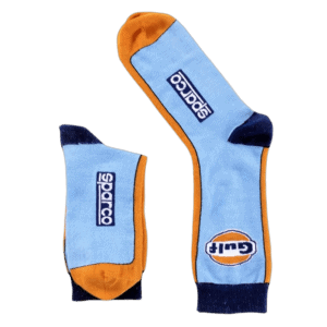 Pair of racing socks with blue, orange, and navy colours featuring Sparco and GULF logos, designed for motorsport enthusiasts.