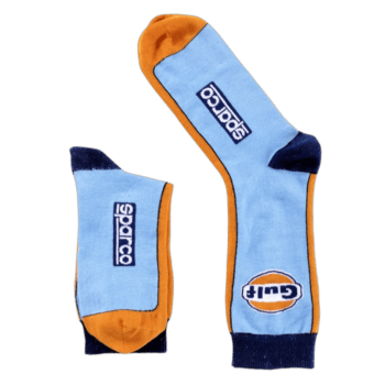 Pair of racing socks with blue, orange, and navy colours featuring Sparco and GULF logos, designed for motorsport enthusiasts.