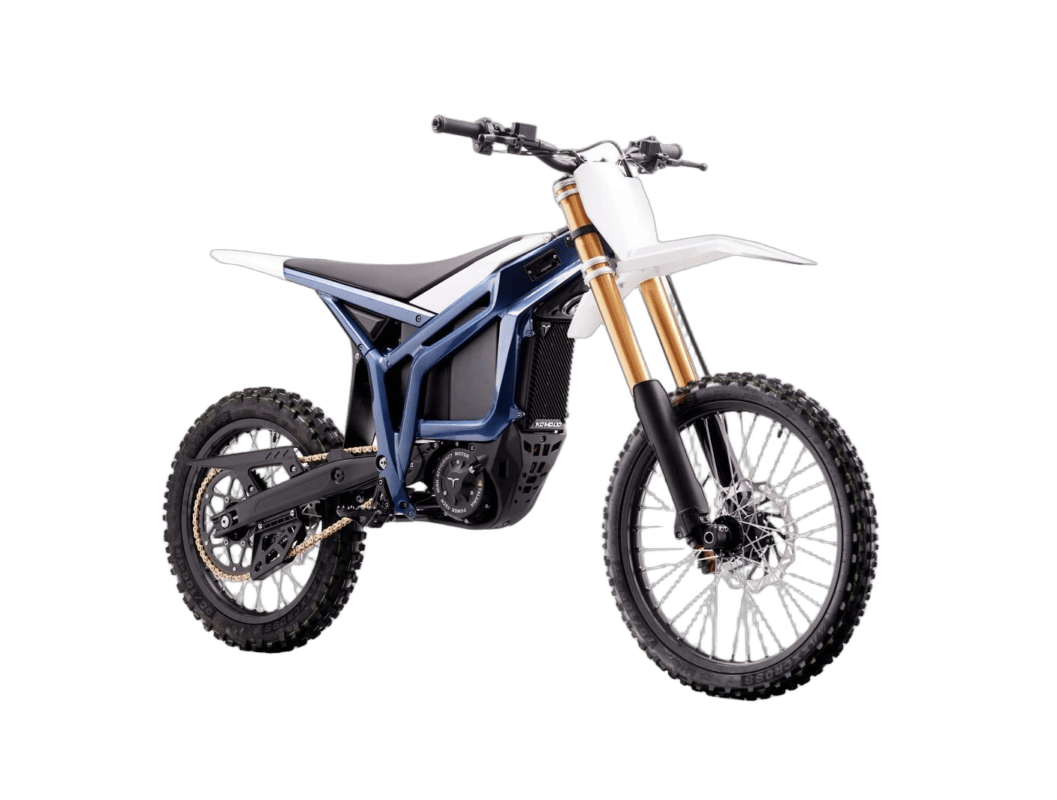 Electric dirt bike with blue and white bodywork, gold front forks, and knobby tires for off-road racing.