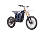 Electric dirt bike with blue and white bodywork, gold front forks, and knobby tires for off-road racing.