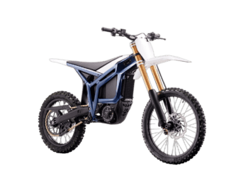 Electric dirt bike with blue and white bodywork, gold front forks, and knobby tires for off-road racing.