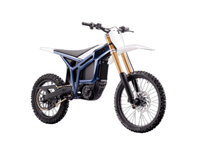 Electric dirt bike with blue and white bodywork, gold front forks, and knobby tires for off-road racing.