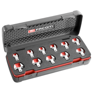 Facom set of 9 x 12 mm metric-size open end bits in a black and red case for professional tool storage.