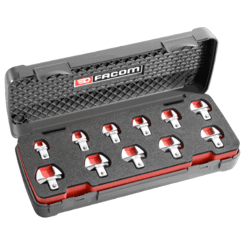 Facom set of 9 x 12 mm metric-size open end bits in a black and red case for professional tool storage.