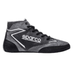 Sparco racing shoe designed for motorsport, featuring black and grey colours with branding and high-top ankle support.