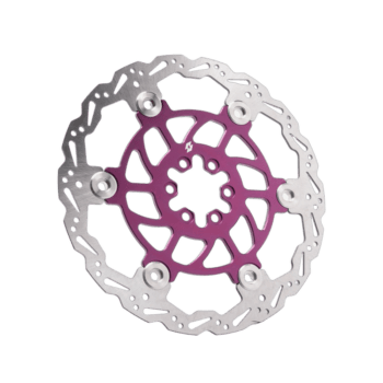 High-performance purple and silver racing bicycle disc brake rotor for optimal stopping power and durability.