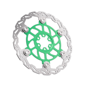 High-performance bicycle disc brake rotor with green centre and silver braking surface, designed for racing bikes.