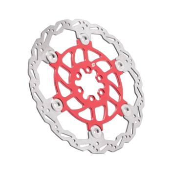 High-performance motorcycle brake disc with red and silver components, designed for racing and track use.