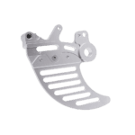 Silver motorcycle footrest with multiple slots and mounting points for Grand Prix racing bikes.