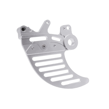 Silver motorcycle footrest with multiple slots and mounting points for Grand Prix racing bikes.