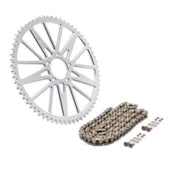 High-quality motorcycle sprocket and chain set for racing, designed for durability and performance in Grand Prix events.