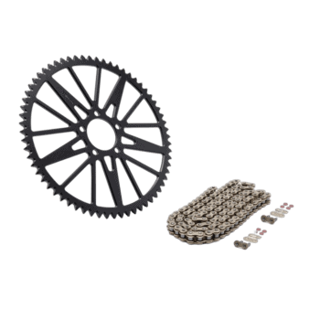 Motorcycle chain and sprocket set for Grand Prix racing, essential for high-performance motorcycle maintenance.
