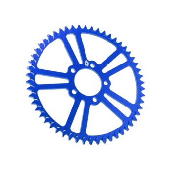 Blue racing bicycle chainring with multiple teeth, designed for high-performance cycling.