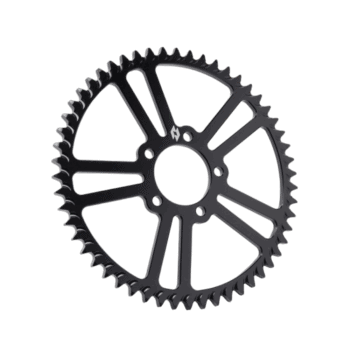 Black motorcycle sprocket gear with intricate cutouts, used in high-performance racing bikes.
